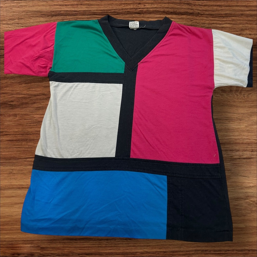 Vintage Color Block T-Shirt Mondrian Style‎ Short Sleeve Top size M